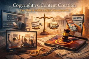 Conceptual image showing copyright law and fair use debate affecting digital creators and news content in India